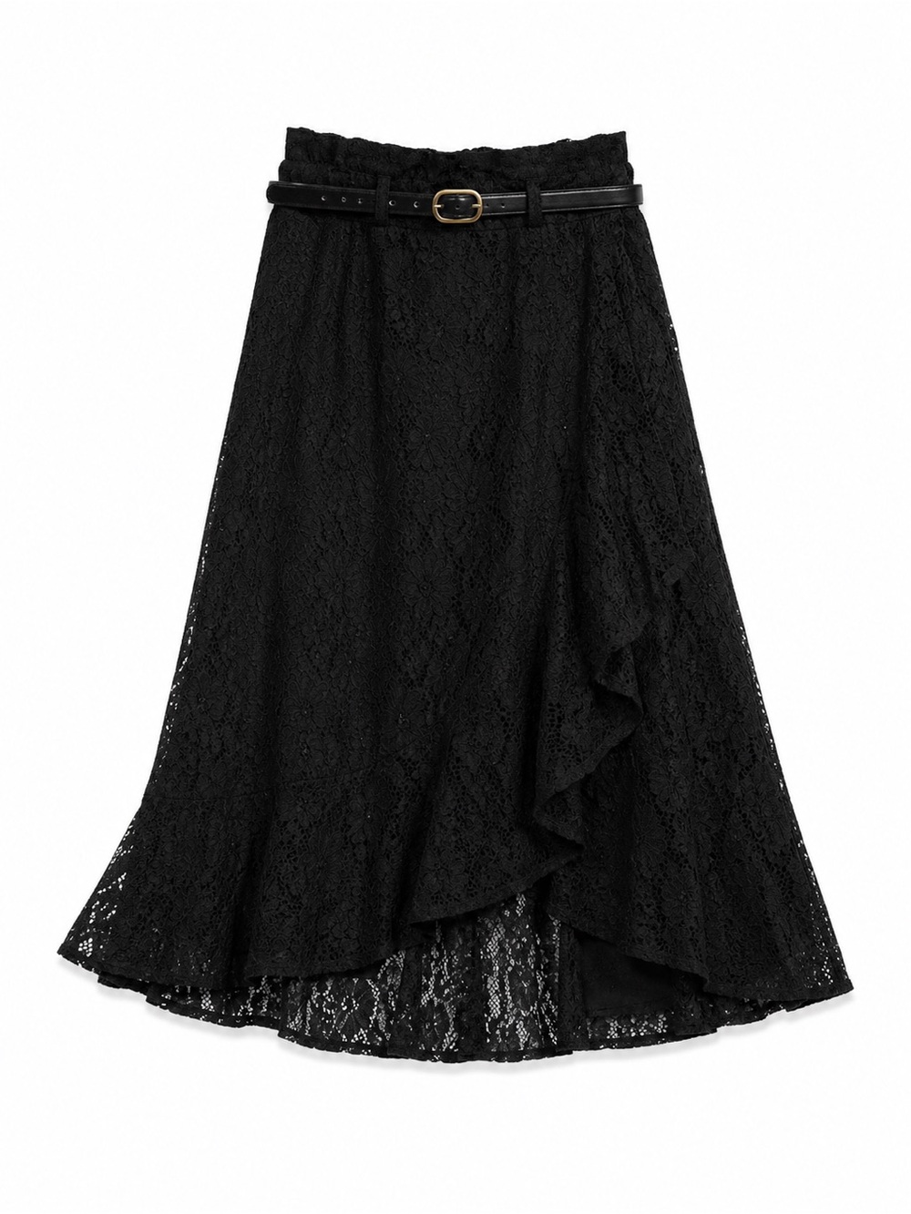 Women's Black Lace High-Low Skirt with Slim Belt